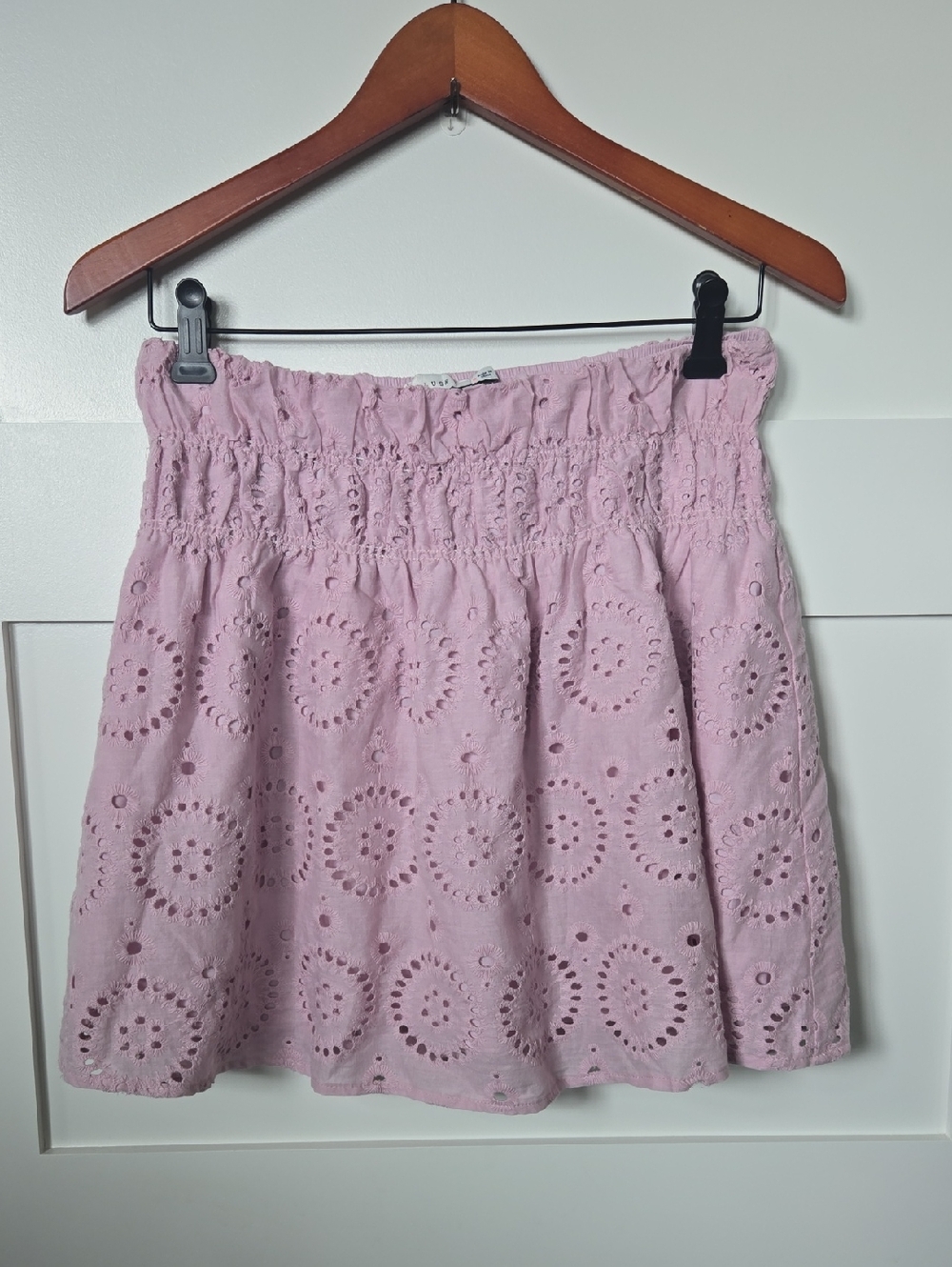 Lush Lilac Pink Eyelet Smocked A-Line Skirt Womens M Elastic Waist